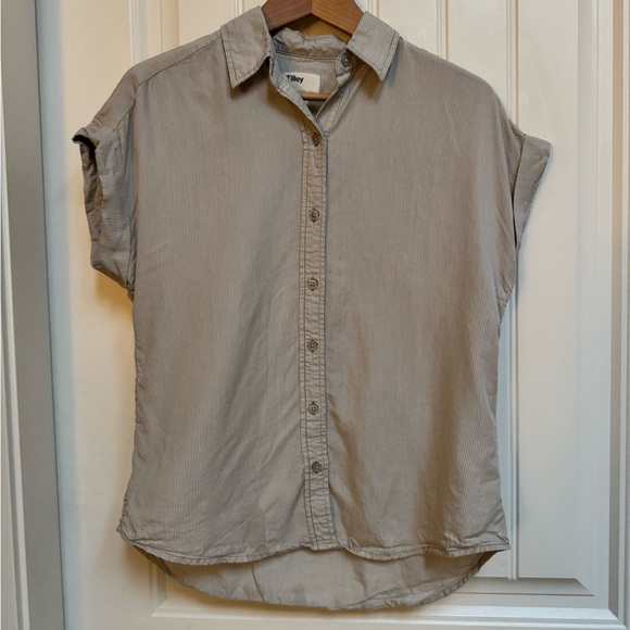 Tilley Tops - Tilly Tan & Cream Pinstriped Short Sleeve Tencel Buttoned Short Sleeve Shirt. S